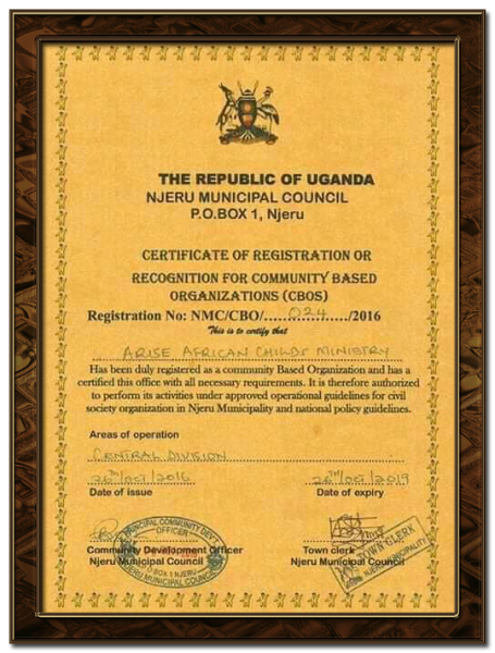 Arise African Child Ministry  Certificate of Registration