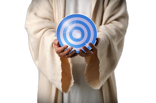 The material emblem of the Trinity government of all creation,  the three azure blue concentric circles on a white background