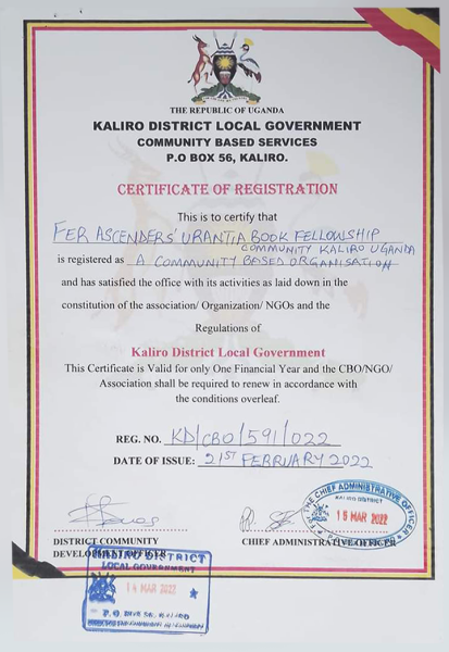 FER ASCENDERS URANTIA BOOK FELLOWSHIP KALIRO UGANDA  Certificate of Registration