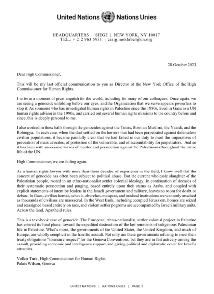 2023-10-28-Letter to Volker Turk by Craig Mokhiber UN Office of the High Commissioner for Human Rights- Resignation Letter Pg1